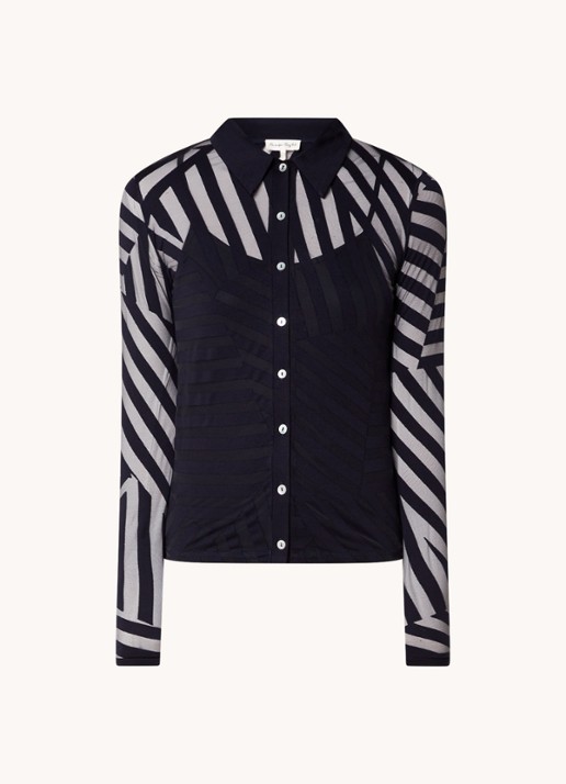 Phase Eight Vida Burnout semi-transparante top met knoopdetail en streepprint - voorkant 2 donkerblauw