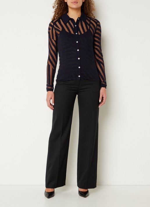 Phase Eight Vida Burnout semi-transparante top met knoopdetail en streepprint - voorkant 3 donkerblauw