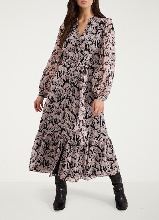 Phase Eight Willow maxi blousejurk met bladprint en strikceintuur - voorkant 2 zwart