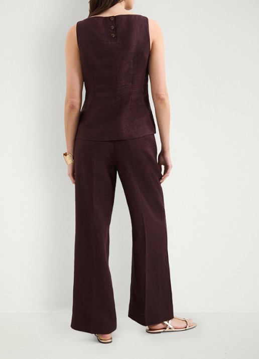 Phase Eight Zoey high waist wide fit pantalon van linnen - achterkant donkerbruin