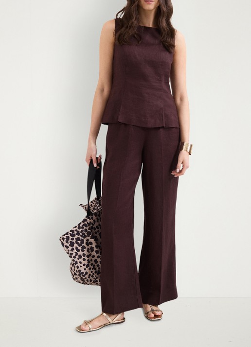 Phase Eight Zoey high waist wide fit pantalon van linnen - voorkant 6 donkerbruin