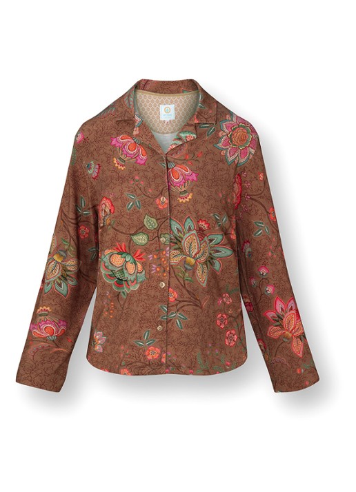 Pip Studio Faye Mumbai Morning pyjamatop met bloemenprint - voorkant bruin