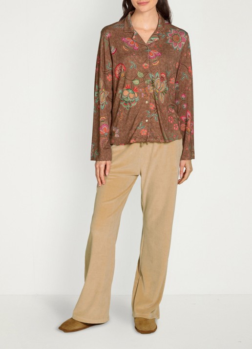 Pip Studio Faye Mumbai Morning pyjamatop met bloemenprint - voorkant 2 bruin