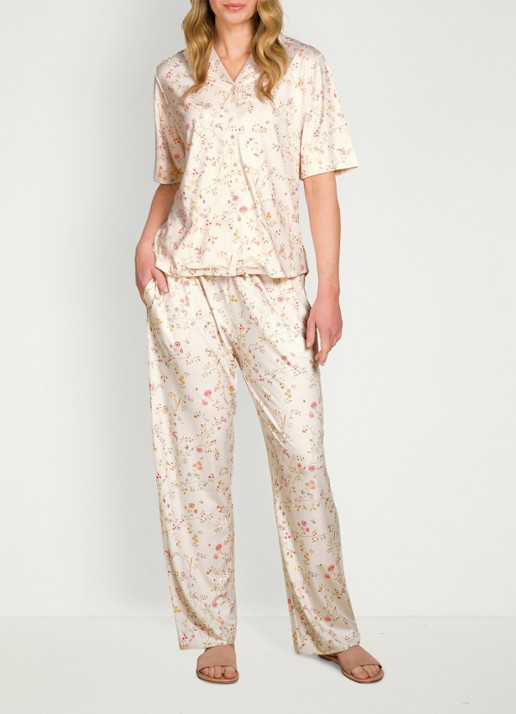 Pip Studio Flora pyjamatop met bloemenprint - voorkant 3 gebroken wit