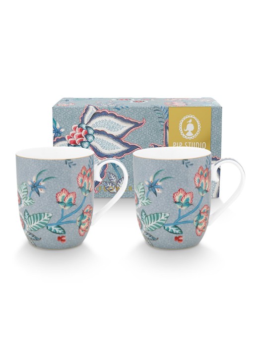 Pip Studio Flower Festival espressokopje 14,5 cl set van 2 - achterkant blauwgrijs