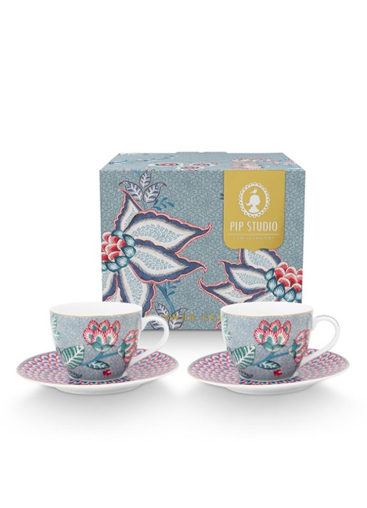 Pip Studio Flower Festival espressokopje en schotel 12 cl set van 2 - achterkant blauwgrijs