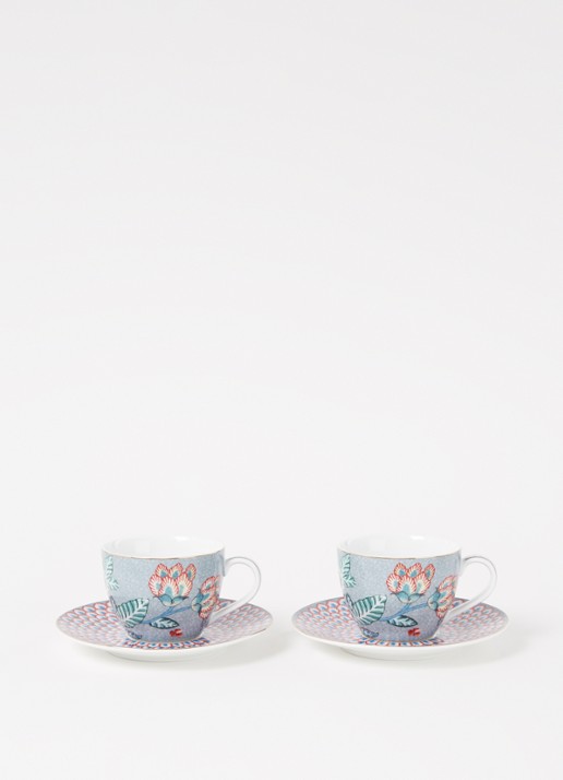 Pip Studio Flower Festival espressokopje en schotel 12 cl set van 2 - voorkant 3 blauwgrijs