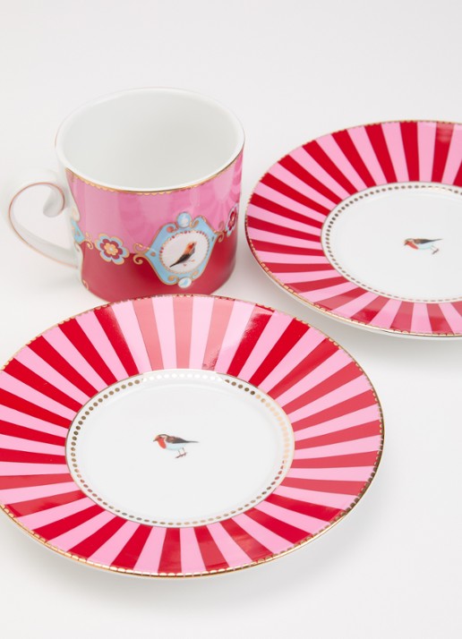 Pip Studio Love Birds espressokopje en schotel 25 cl set van 2 - voorkant 2 roze