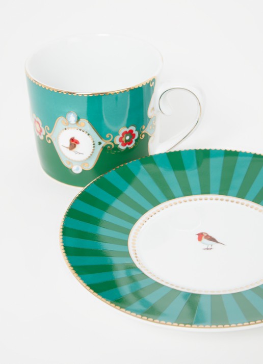 Pip Studio Love Birds Medallion kop en schotel 20 cl - voorkant 2 groen