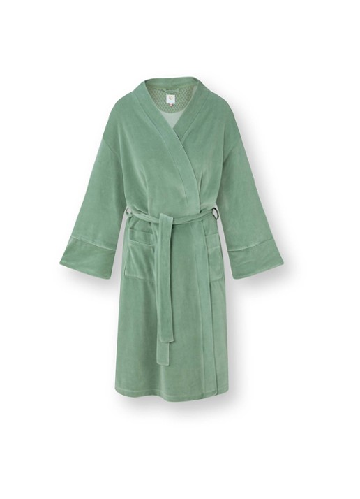 Pip Studio Naomi kimono van fluweel met opgestikte zakken - voorkant 2 lindegroen