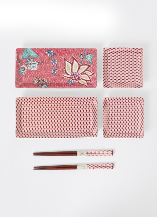 Pip Studio Oriental Flower Festival sushi serviesset 6-delig - voorkant 2 donkerroze