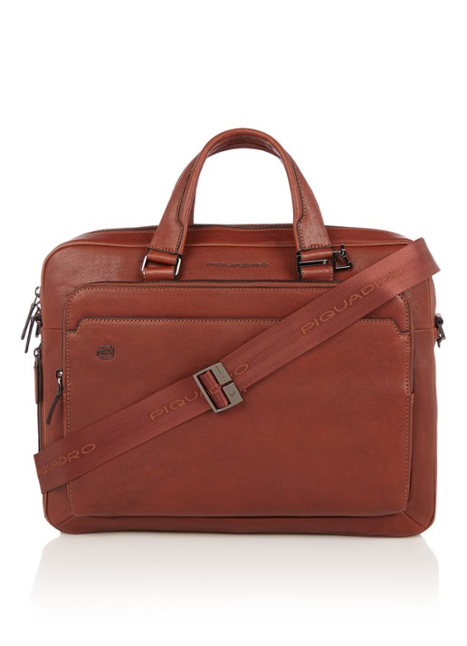 Piquadro Black Square laptoptas met 15 inch laptopvak - voorkant cognac