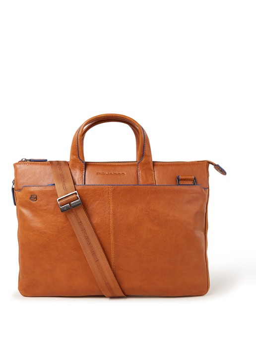 Piquadro Businesstas S van leer met 15 inch laptopvak - voorkant 3 cognac