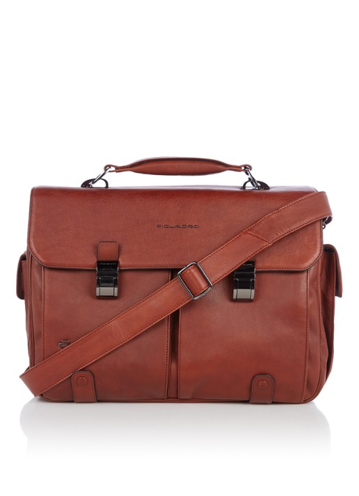 Piquadro Businesstas van leer met 15 inch laptopvak - voorkant 3 cognac