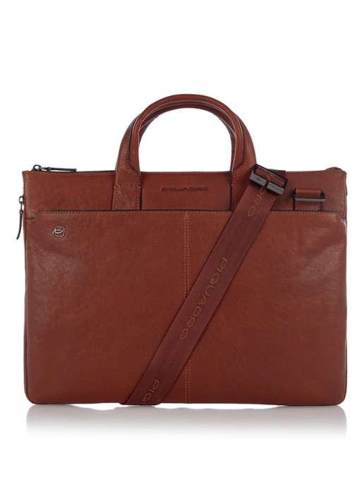 Piquadro Laptoptas met 15 inch laptopvak - voorkant 3 cognac
