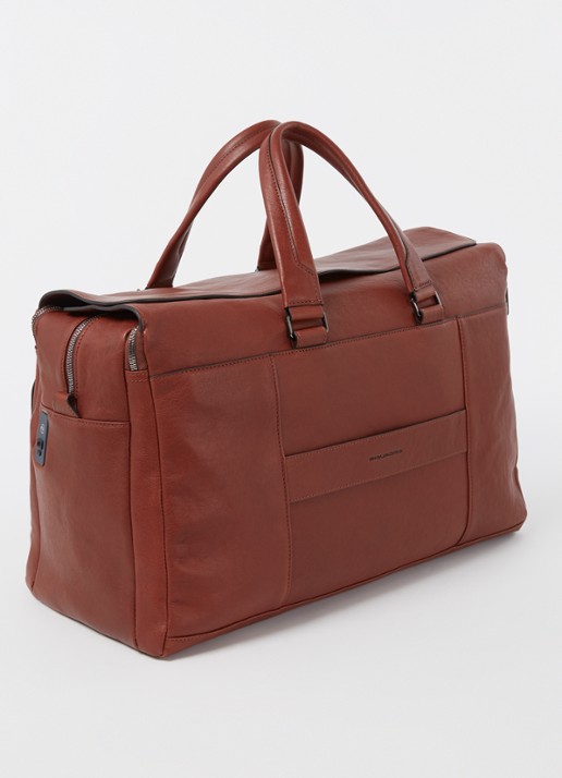 Piquadro Weekendtas van leer met 15 inch laptopvak - achterkant cognac