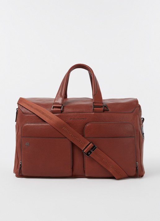 Piquadro Weekendtas van leer met 15 inch laptopvak - voorkant 3 cognac
