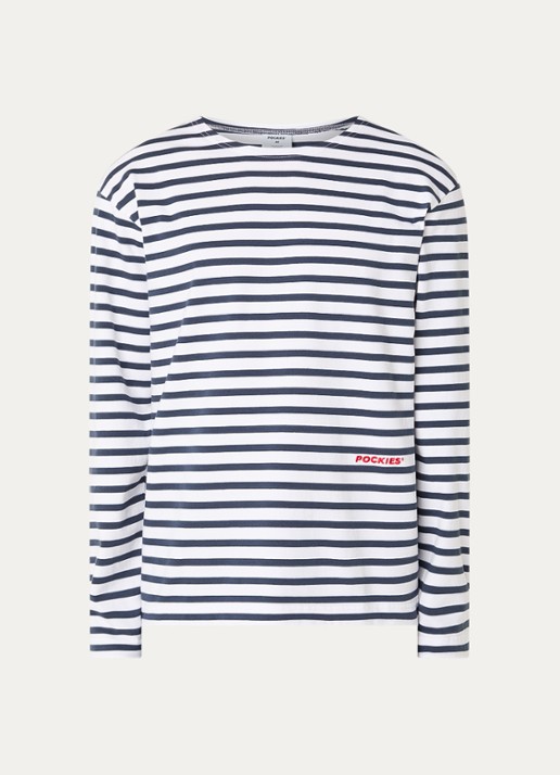 Pockies T-shirt met streepprint en logoborduring - voorkant 2 donkerblauw