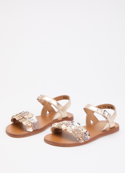 Pom d'Api Plagette Multi Flower sandaal van leer met metallic finish - voorkant 2 zilver