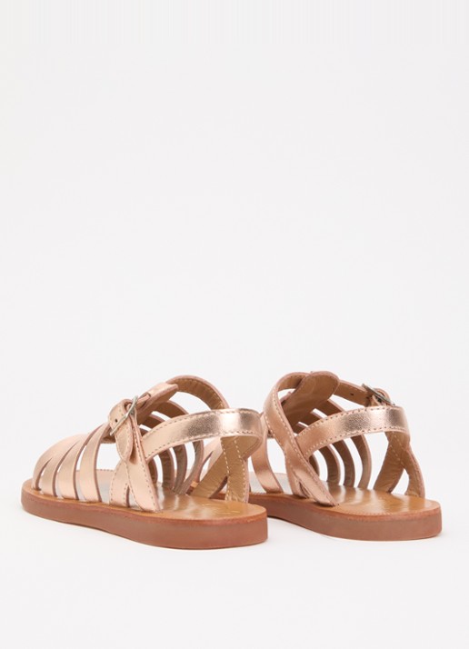 Pom d'Api Plagette sandaal van leer met metallic finish - achterkant roségoud