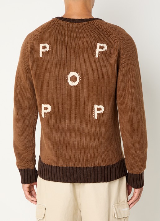 Pop Trading Company Grofgebreide pullover met backprint - detail bruin