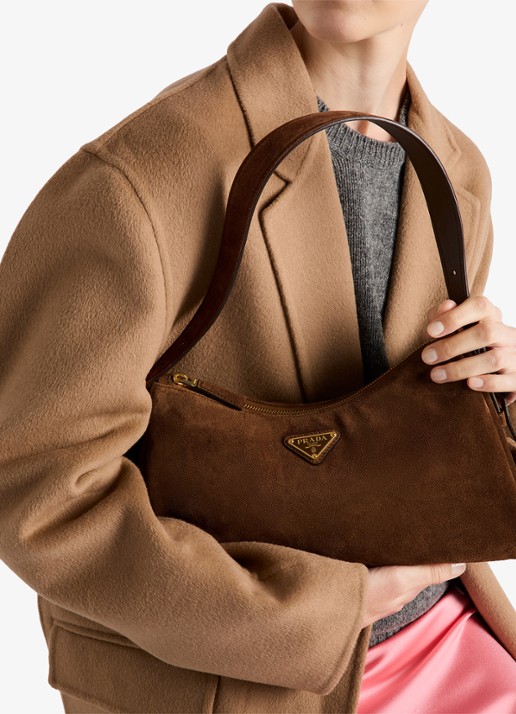 Prada Aimée Medium schoudertas van kalfssuède - voorkant 2 donkerbruin