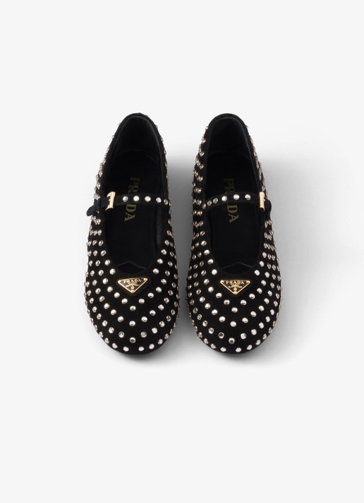 Prada Ballerina van geitensuède met strass - detail 4 zwart