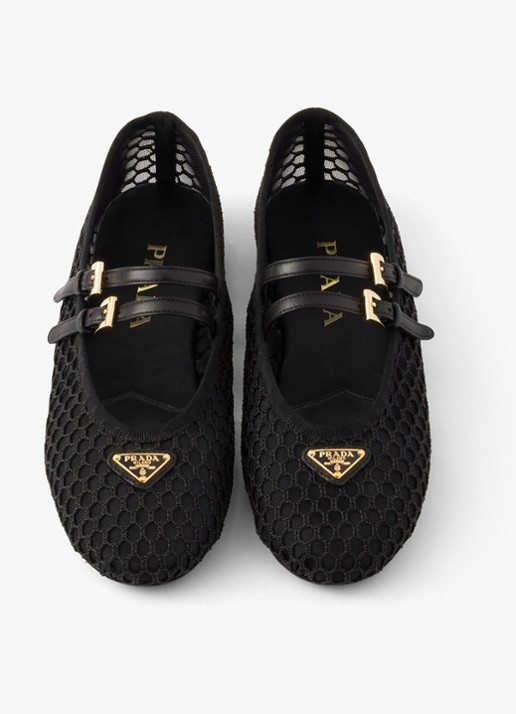 Prada Ballerina van mesh met leren details  - detail zwart