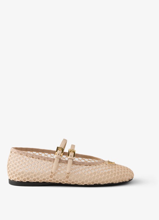 Prada Ballerina van mesh met leren details  - voorkant 2 beige