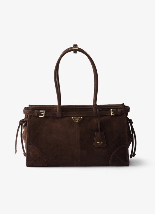 Prada Bonnie Large schoudertas van kalfssuède - voorkant donkerbruin