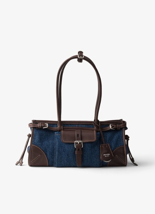 Prada Bonnie Medium schoudertas van denim met leren details