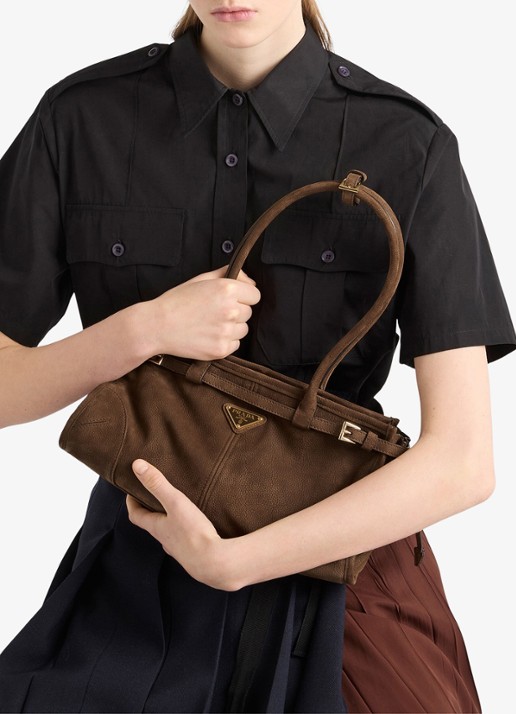 Prada Bonnie Medium schoudertas van nubuck - detail 6 donkerbruin