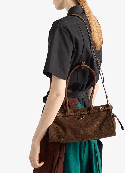 Prada Bonnie Medium schoudertas van nubuck - voorkant 2 donkerbruin