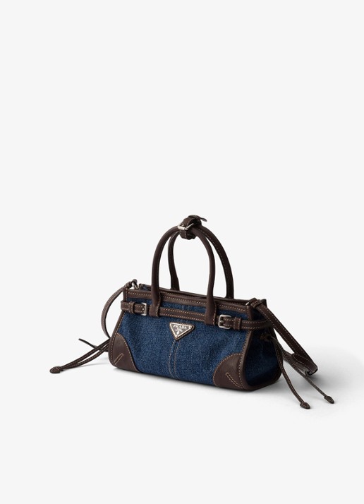 Prada Bonnie Small handtas van denim met leren details - voorkant 6 indigo
