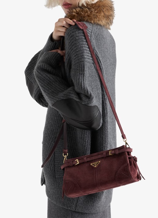 Prada Bonnie Small schoudertas van kalfssuède - voorkant 6 bordeauxrood