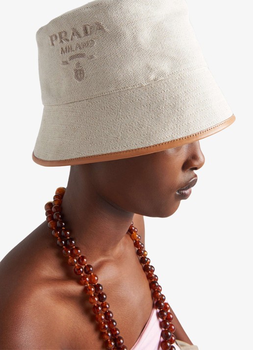 Prada Bucket hoed met logo en leren details - voorkant 2 gebroken wit