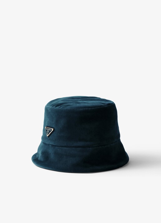 Prada Bucket hoed van fluweel met logo - voorkant 3 petrol