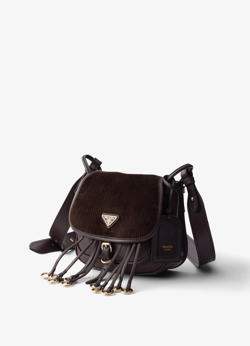 Prada Corsaire Mini schoudertas van corduroy met leren details - voorkant 2 donkerbruin