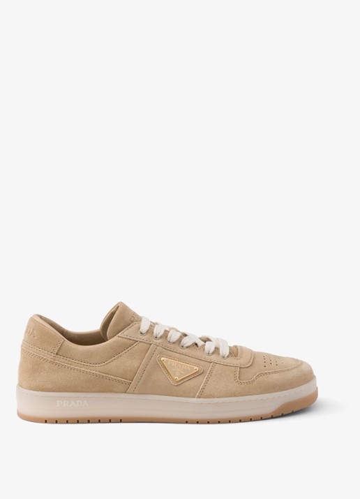 Prada Downtown sneaker van suède met logo - voorkant 6 beige