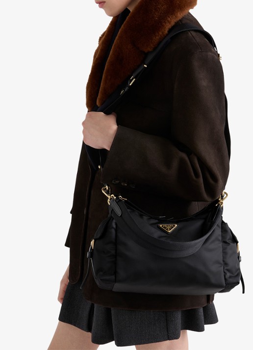 Prada Explore Re-Nylon Large schoudertas met leren details - voorkant 7 zwart