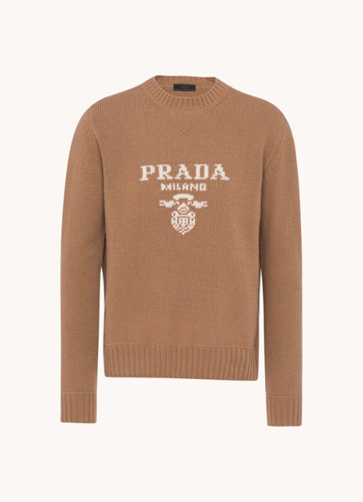 Prada Fijngebreide pullover in kasjmierblend met ingebreid logo - voorkant 2 camel