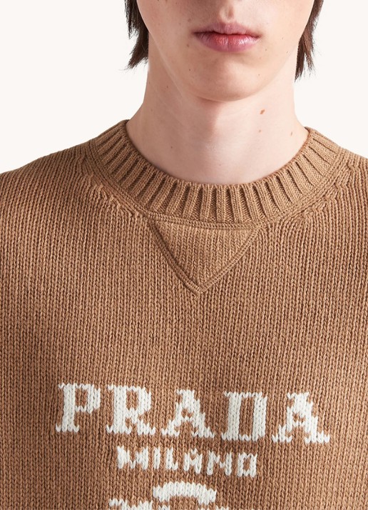 Prada Fijngebreide pullover in kasjmierblend met ingebreid logo - detail 5 camel