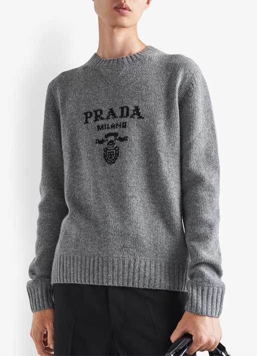 Prada Fijngebreide pullover in kasjmierblend met ingebreid logo - detail 4 grijsmele