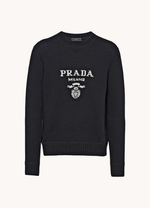 Prada Fijngebreide pullover in kasjmierblend met ingebreid logo - voorkant zwart