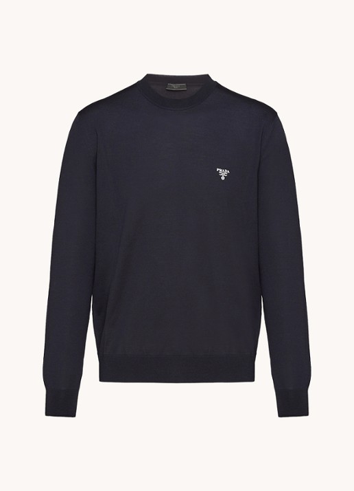 Prada Fijngebreide pullover van wol met logoborduring - voorkant donkerblauw