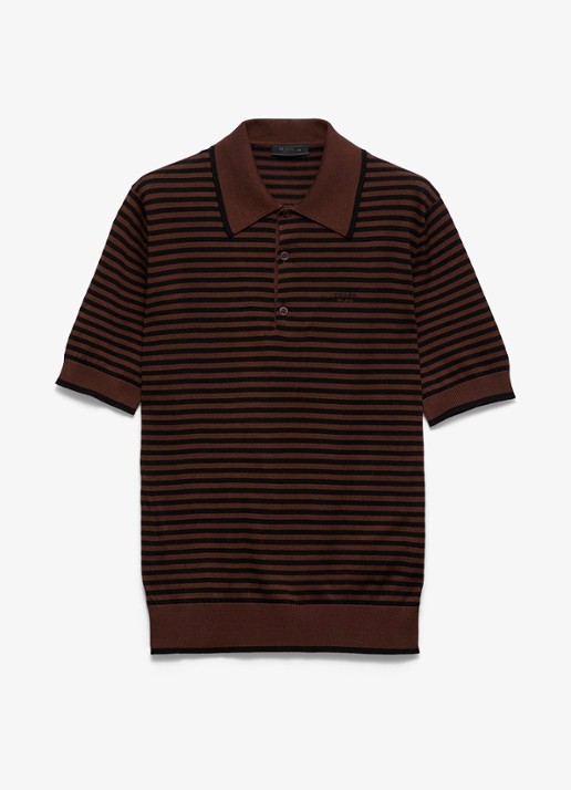 Prada Fijngebreide regular fit polo met streepprint en logoborduring - voorkant 5 donkerbruin