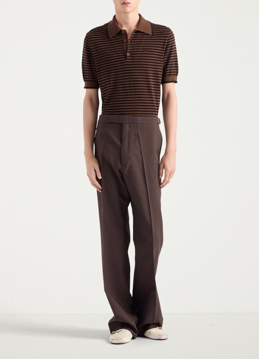 Prada Fijngebreide regular fit polo met streepprint en logoborduring - voorkant 6 donkerbruin