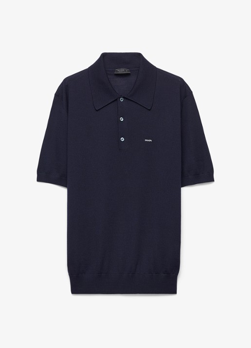 Prada Fijngebreide regular fit polo van wol - voorkant donkerblauw