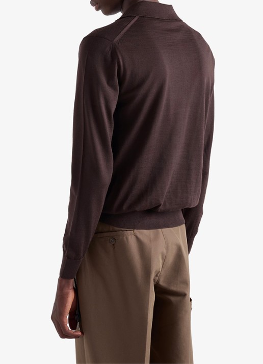 Prada Fijngebreide slim fit polo van scheerwol - achterkant 3 donkerbruin