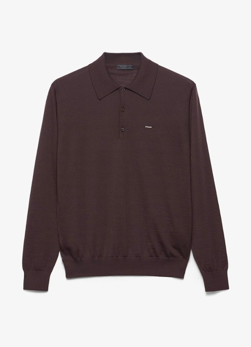 Prada Fijngebreide slim fit polo van scheerwol - voorkant donkerbruin